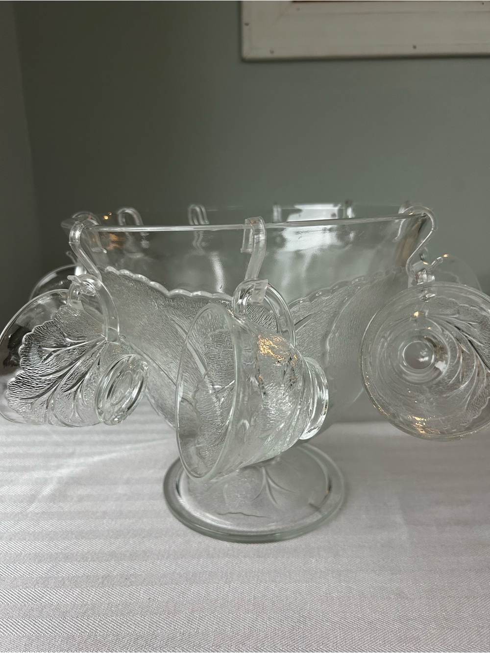 Vintage Indiana Glass Harvest Pebble Leaf Punch Bowl Set